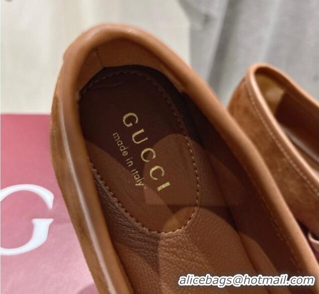 Best Grade Gucci Suede Ballet Flat with Horsebit Dark Brown 702132