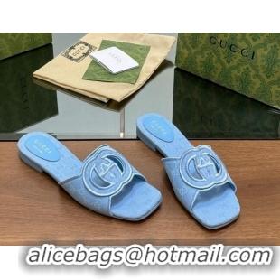 Low Cost Gucci GG Canvas Flat Slides Sandal in GG Canvas Light Blue 702137