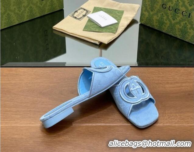 Low Cost Gucci GG Canvas Flat Slides Sandal in GG Canvas Light Blue 702137