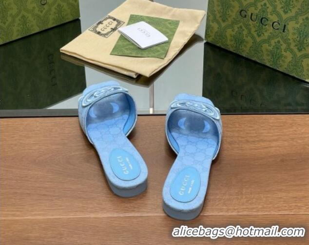 Low Cost Gucci GG Canvas Flat Slides Sandal in GG Canvas Light Blue 702137