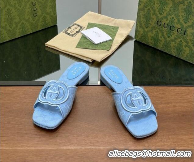 Low Cost Gucci GG Canvas Flat Slides Sandal in GG Canvas Light Blue 702137