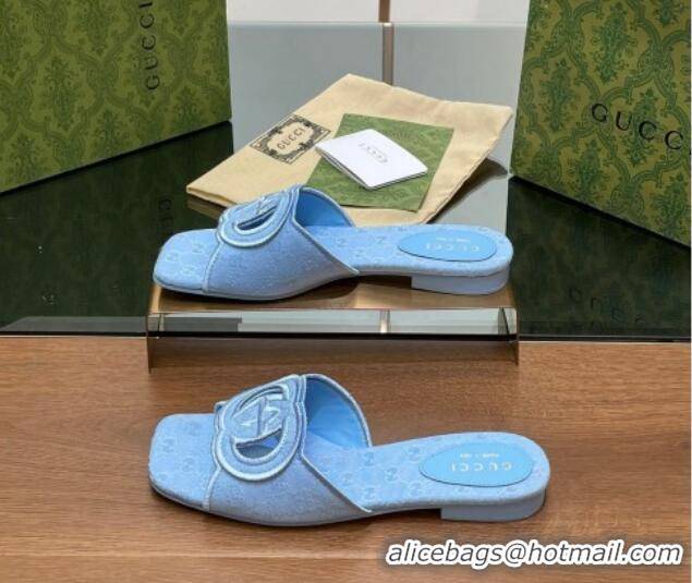 Low Cost Gucci GG Canvas Flat Slides Sandal in GG Canvas Light Blue 702137