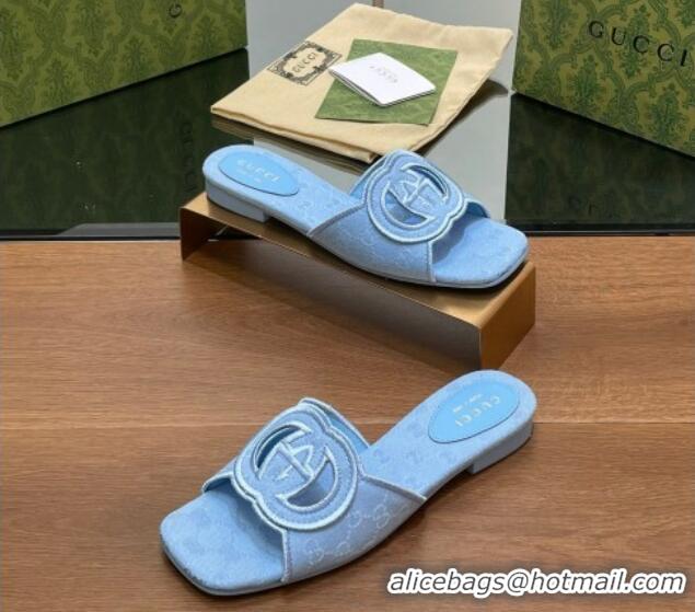 Low Cost Gucci GG Canvas Flat Slides Sandal in GG Canvas Light Blue 702137