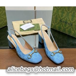 Top Grade Gucci Horsebit Slingback Pumps 6.5cm in GG Canvas Blue 702139