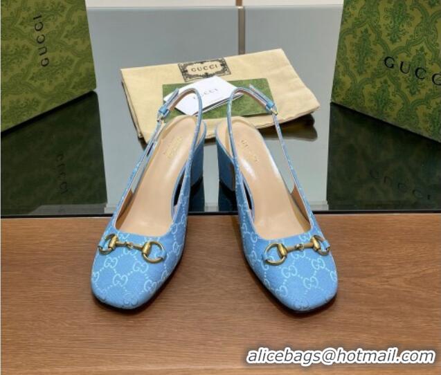 Top Grade Gucci Horsebit Slingback Pumps 6.5cm in GG Canvas Blue 702139