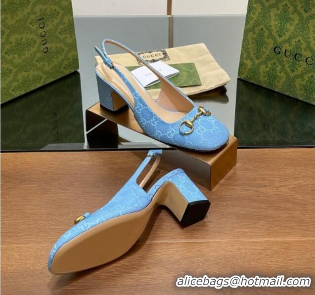 Top Grade Gucci Horsebit Slingback Pumps 6.5cm in GG Canvas Blue 702139