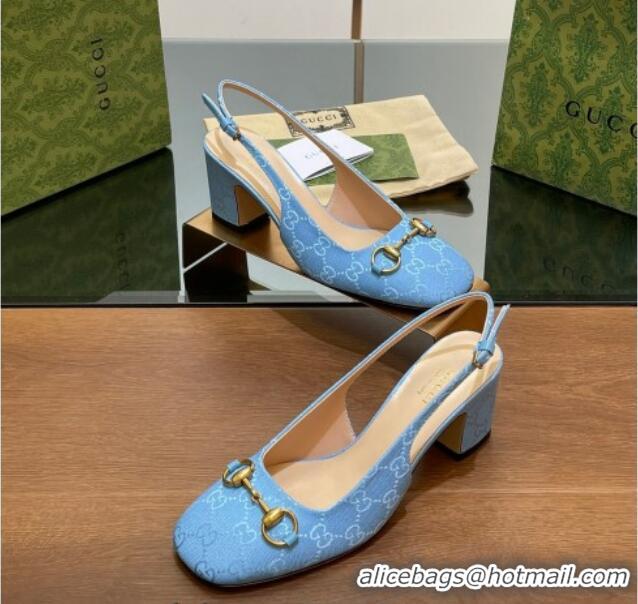 Top Grade Gucci Horsebit Slingback Pumps 6.5cm in GG Canvas Blue 702139