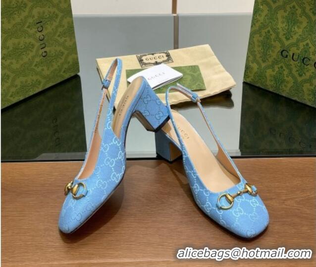 Top Grade Gucci Horsebit Slingback Pumps 6.5cm in GG Canvas Blue 702139