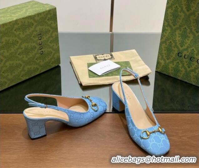 Top Grade Gucci Horsebit Slingback Pumps 6.5cm in GG Canvas Blue 702139