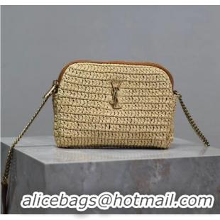 Top Design Saint Laurent Gaby Leather-trimmed Raffia Shoulder Bag Y4551 Beige