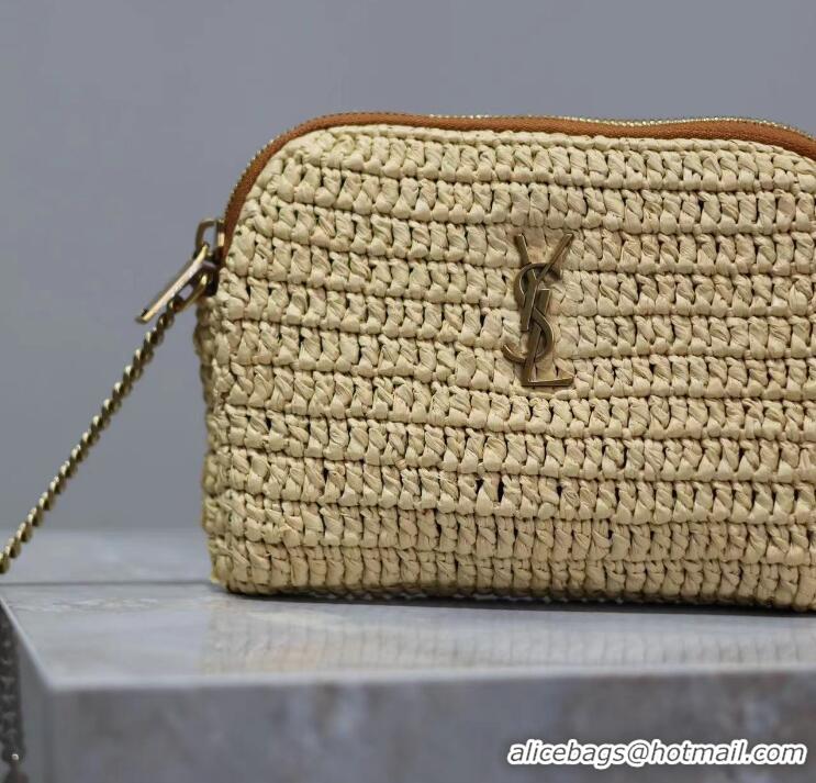 Top Design Saint Laurent Gaby Leather-trimmed Raffia Shoulder Bag Y4551 Beige