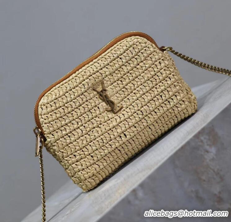 Top Design Saint Laurent Gaby Leather-trimmed Raffia Shoulder Bag Y4551 Beige