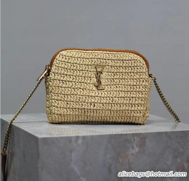 Top Design Saint Laurent Gaby Leather-trimmed Raffia Shoulder Bag Y4551 Beige