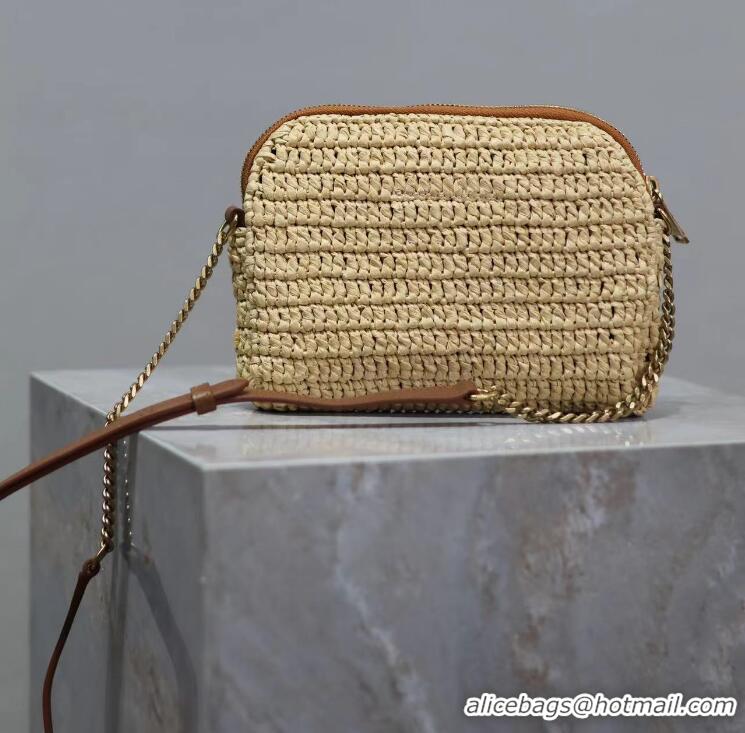 Top Design Saint Laurent Gaby Leather-trimmed Raffia Shoulder Bag Y4551 Beige