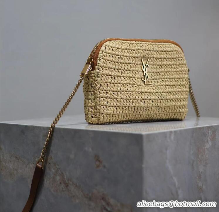 Top Design Saint Laurent Gaby Leather-trimmed Raffia Shoulder Bag Y4551 Beige