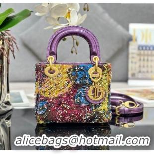 Buy Fashionable Dior Lady Dior Mini Bag in Leather with Beads Limited Edition M0505 Purple 2024