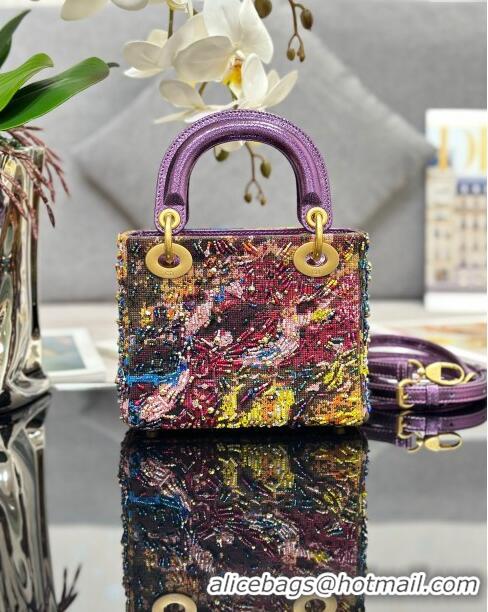 Buy Fashionable Dior Lady Dior Mini Bag in Leather with Beads Limited Edition M0505 Purple 2024