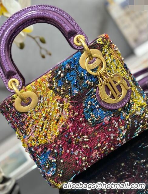 Buy Fashionable Dior Lady Dior Mini Bag in Leather with Beads Limited Edition M0505 Purple 2024