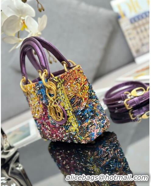 Buy Fashionable Dior Lady Dior Mini Bag in Leather with Beads Limited Edition M0505 Purple 2024