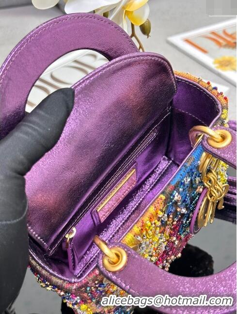 Buy Fashionable Dior Lady Dior Mini Bag in Leather with Beads Limited Edition M0505 Purple 2024