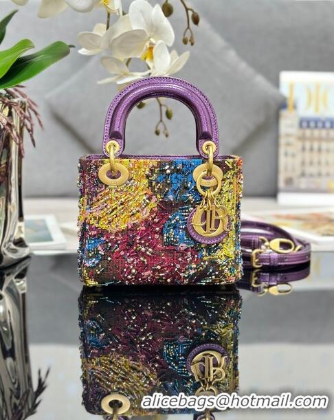 Buy Fashionable Dior Lady Dior Mini Bag in Leather with Beads Limited Edition M0505 Purple 2024