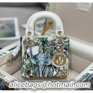 Top Quality Dior Mini Lady Dior Bag in Lambskin with Elephant Embroidery Limited Edition M0505 White/Green 2024