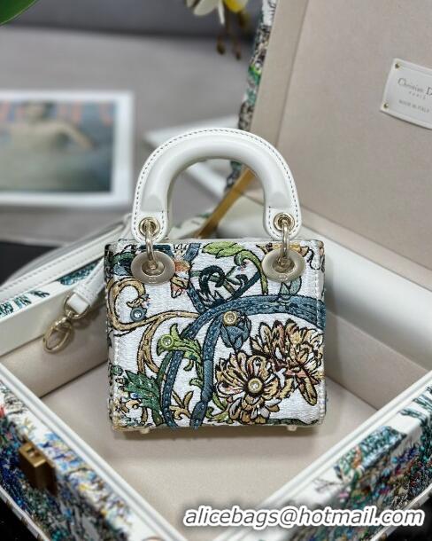 Top Quality Dior Mini Lady Dior Bag in Lambskin with Elephant Embroidery Limited Edition M0505 White/Green 2024