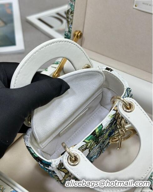 Top Quality Dior Mini Lady Dior Bag in Lambskin with Elephant Embroidery Limited Edition M0505 White/Green 2024