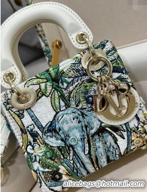 Top Quality Dior Mini Lady Dior Bag in Lambskin with Elephant Embroidery Limited Edition M0505 White/Green 2024