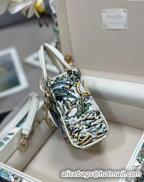 Top Quality Dior Mini Lady Dior Bag in Lambskin with Elephant Embroidery Limited Edition M0505 White/Green 2024