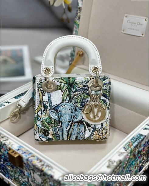 Top Quality Dior Mini Lady Dior Bag in Lambskin with Elephant Embroidery Limited Edition M0505 White/Green 2024