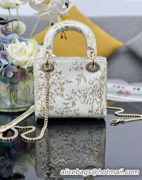 Free Shipping Dior Mini Lady Dior Bag in Jardin d'Hiver Calfskin with Beads M0505 White/Gold 2024