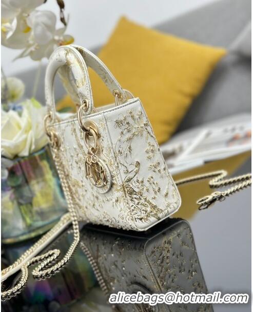 Free Shipping Dior Mini Lady Dior Bag in Jardin d'Hiver Calfskin with Beads M0505 White/Gold 2024