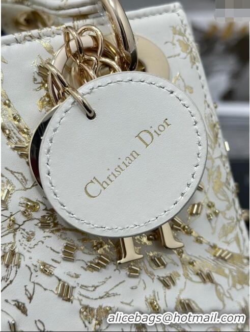 Free Shipping Dior Mini Lady Dior Bag in Jardin d'Hiver Calfskin with Beads M0505 White/Gold 2024