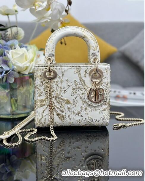 Free Shipping Dior Mini Lady Dior Bag in Jardin d'Hiver Calfskin with Beads M0505 White/Gold 2024