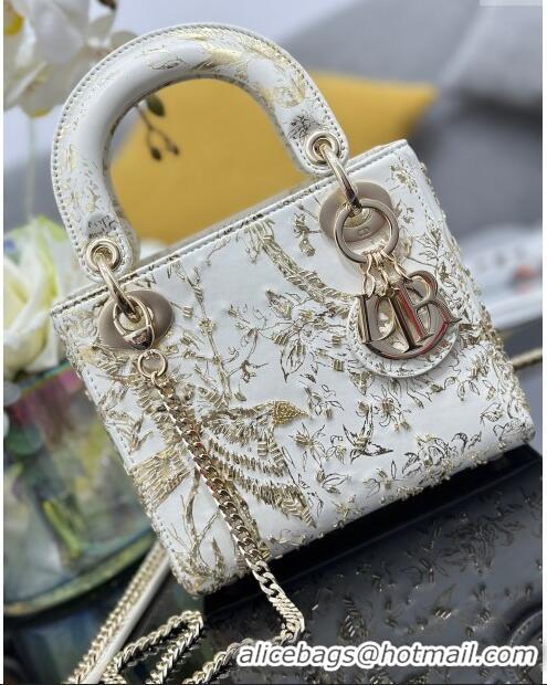 Free Shipping Dior Mini Lady Dior Bag in Jardin d'Hiver Calfskin with Beads M0505 White/Gold 2024