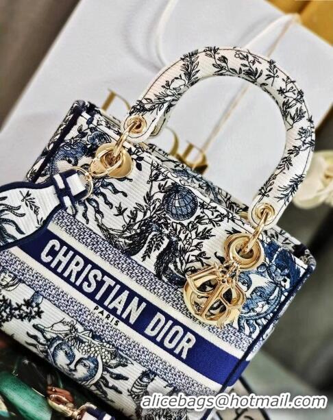 New Design Dior Medium Lady D-Lite Bag in Toile de Jouy Soleil Embroidery CD0601 White/Black 2024