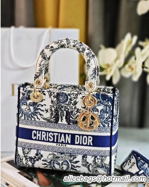 New Design Dior Medium Lady D-Lite Bag in Toile de Jouy Soleil Embroidery CD0601 White/Black 2024