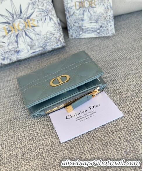 Top Quality Dior Caro Dahlia Wallet in Supple Cannage Calfskin S5173 Light Blue 2024