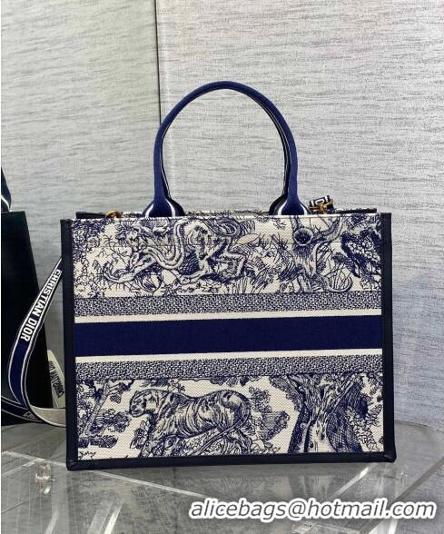 Discount Dior Medium Book Tote bag in Toile de Jouy Reverse Embroidery and Calfskin D0715 White/Navy Blue 2024