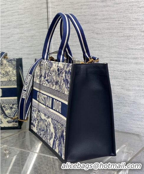 Discount Dior Medium Book Tote bag in Toile de Jouy Reverse Embroidery and Calfskin D0715 White/Navy Blue 2024