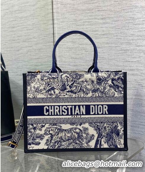 Discount Dior Medium Book Tote bag in Toile de Jouy Reverse Embroidery and Calfskin D0715 White/Navy Blue 2024