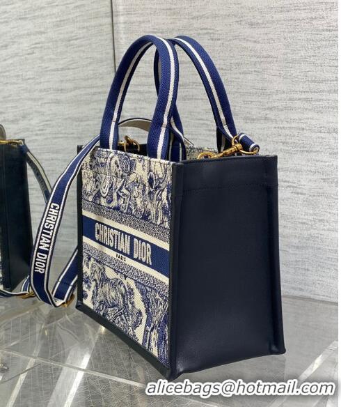 Shop Grade Dior Small Book Tote bag in Toile de Jouy Reverse Embroidery and Calfskin D0716 White/Navy Blue 2024