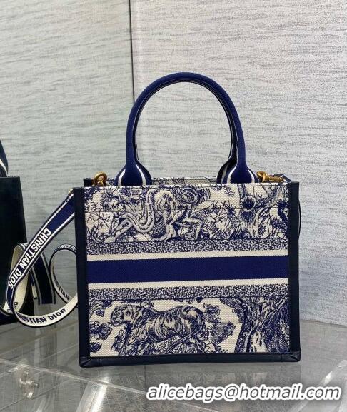 Shop Grade Dior Small Book Tote bag in Toile de Jouy Reverse Embroidery and Calfskin D0716 White/Navy Blue 2024