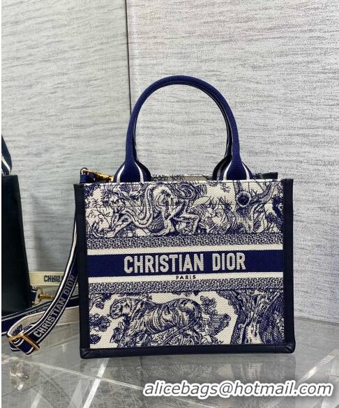 Shop Grade Dior Small Book Tote bag in Toile de Jouy Reverse Embroidery and Calfskin D0716 White/Navy Blue 2024