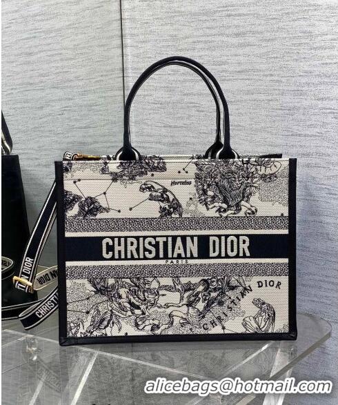 Top Quality Dior Medium Book Tote bag in Zodiac Embroidery and Calfskin D0715 White/Blue 2024