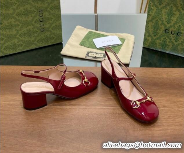 Discount Fashion Gucci Horsebit Slingbacks Pumps 5.5cm in Patent Leather Burgundy 230120