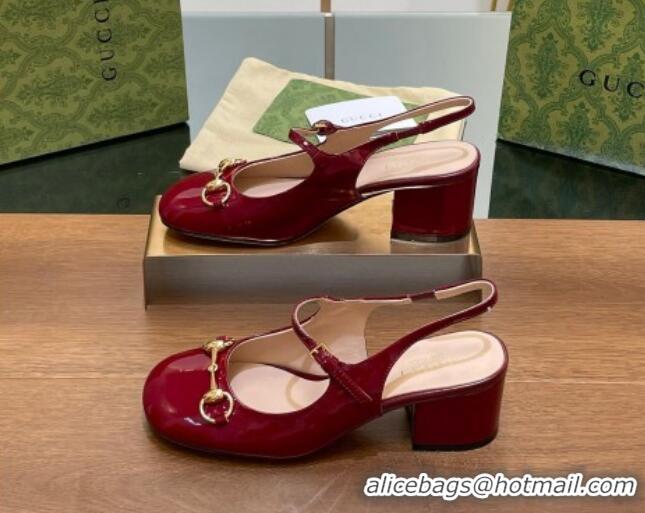 Discount Fashion Gucci Horsebit Slingbacks Pumps 5.5cm in Patent Leather Burgundy 230120