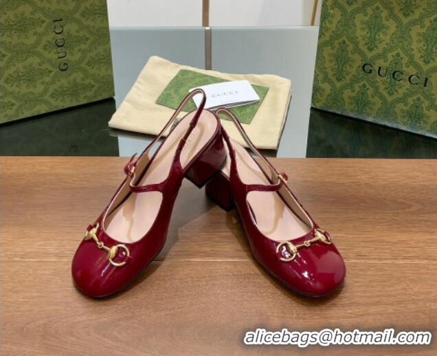 Discount Fashion Gucci Horsebit Slingbacks Pumps 5.5cm in Patent Leather Burgundy 230120