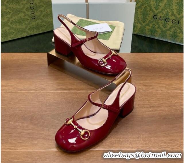 Discount Fashion Gucci Horsebit Slingbacks Pumps 5.5cm in Patent Leather Burgundy 230120